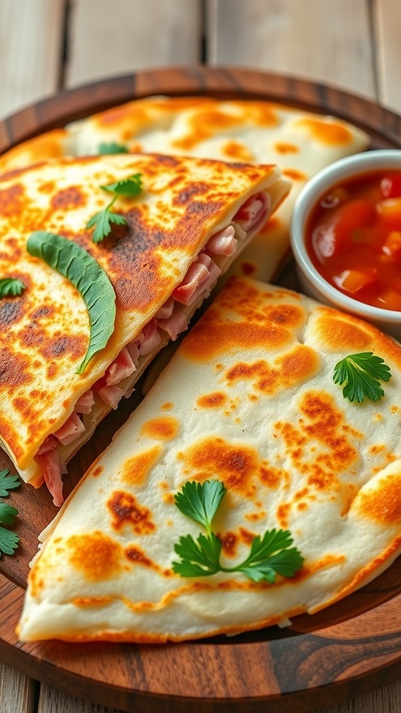 Golden-brown cheesy ham quesadilla cut into wedges, garnished with cilantro, served with sour cream and salsa.